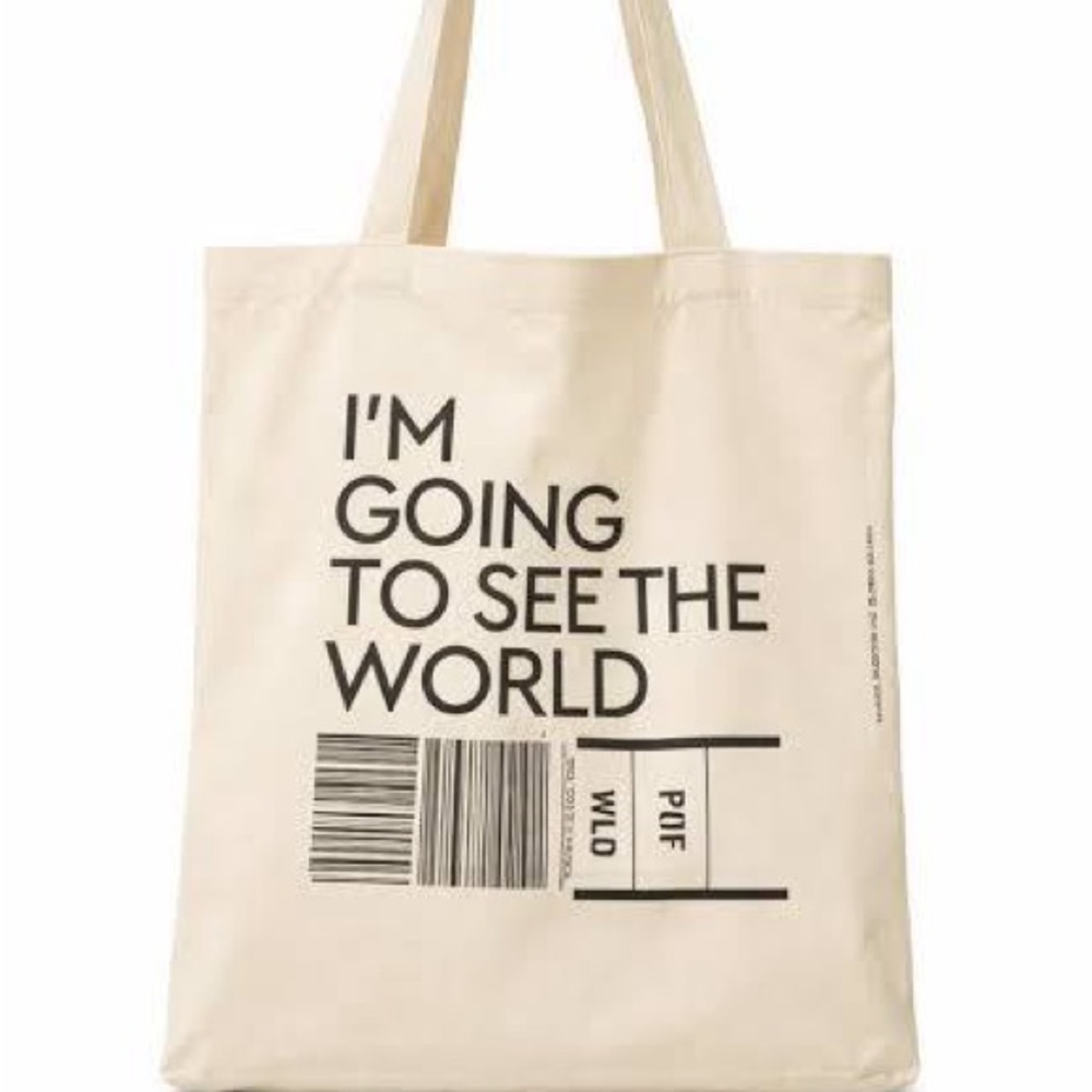 Large White Canvas Tote Bag with "I'M GOING TO SEE THE WORLD" Print